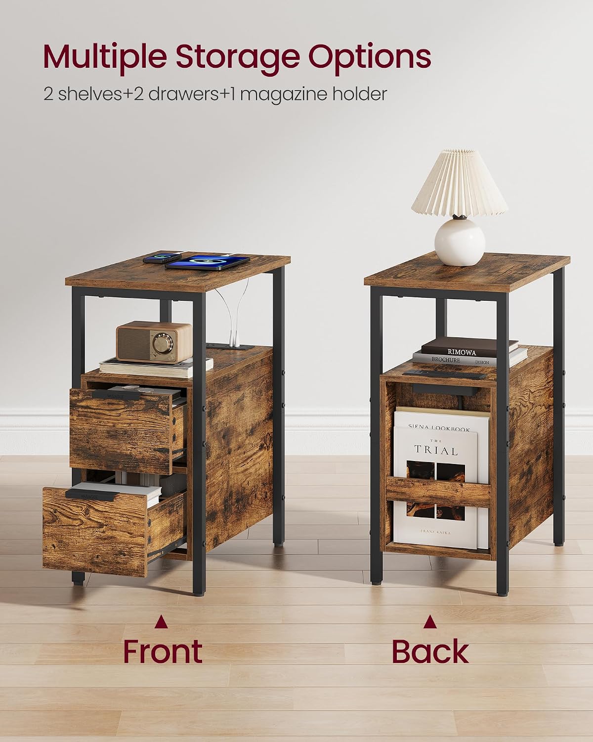 VASAGLE Side End Table with Charging Station, Slim Nightstand with 2 Drawers, Narrow Bedside Table for Living Room, Small Spaces, 18.9 x 11.8 x 24 Inches, Rustic Brown and Ink Black ULET324K101S