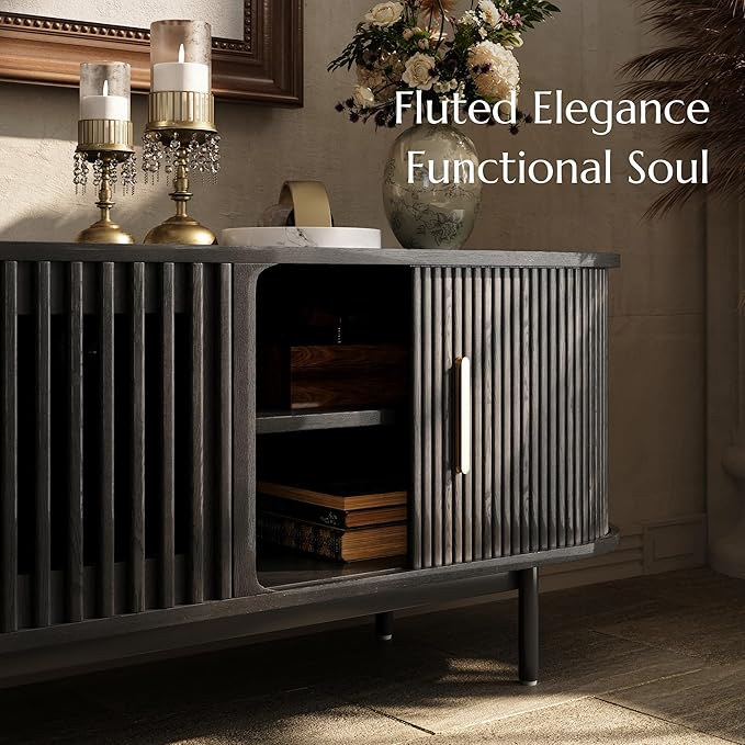 POVISON Fully-Assembled Mid Century Modern Black TV Stand - Image 5