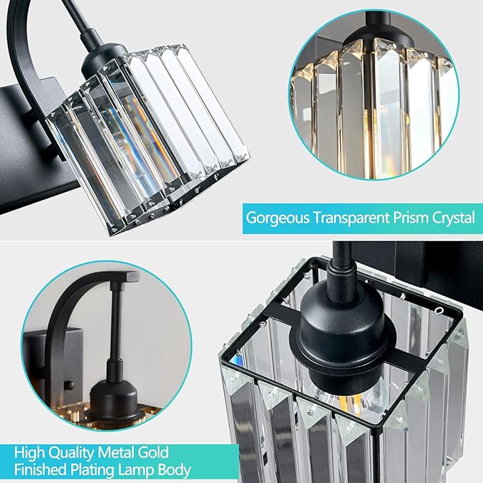 FDPBY Crystal Vanity Lights 2-Light Black Wall Lamp Modern Crystal Bathroom - Image 5
