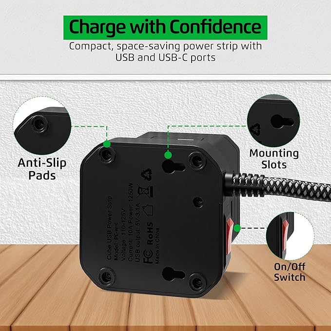 Cube Power Strips with Surge Protection, 10ft Extension Cord with Multiple - Image 6