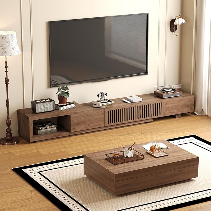 NessCarsti Mid-Century Modern TV Stand & Expandable Coffee Table Set, Walnut by NessCarsti