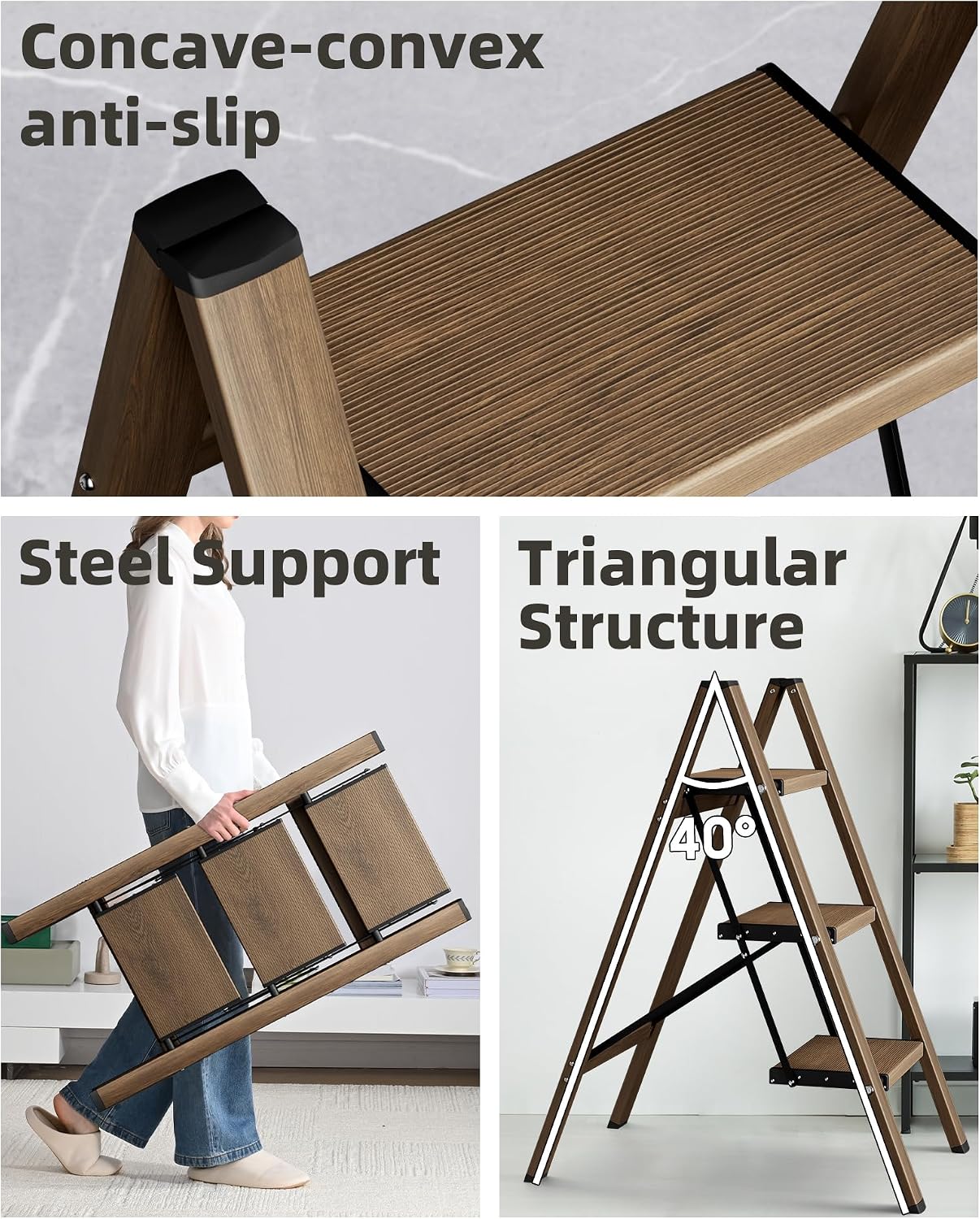 HillhutApex 3 Step Stool Foldable Ladder,Aluminum Step Ladder | Folding Lightweight Stable Stool with Wide Non-Slip Pedals, 330lbs Bearing Capacity Ladder for Office,Home,Kitchen-Walnut