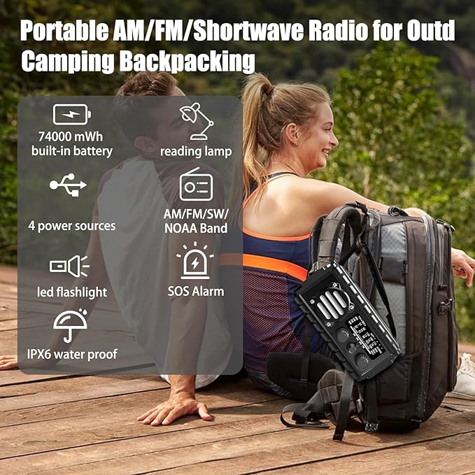 20000mah Hand Crank Emergency Radio, SW/NOAA/AM/FM Weather Radio, Solar Powered - Image 6