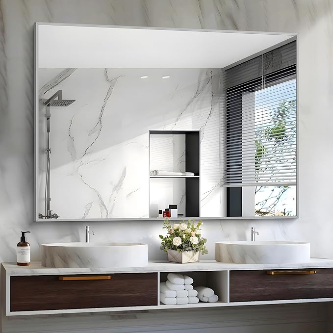 Silver Bathroom Mirror, Bathroom Rectangular Mirror Modern Wall Mirror - Image 2