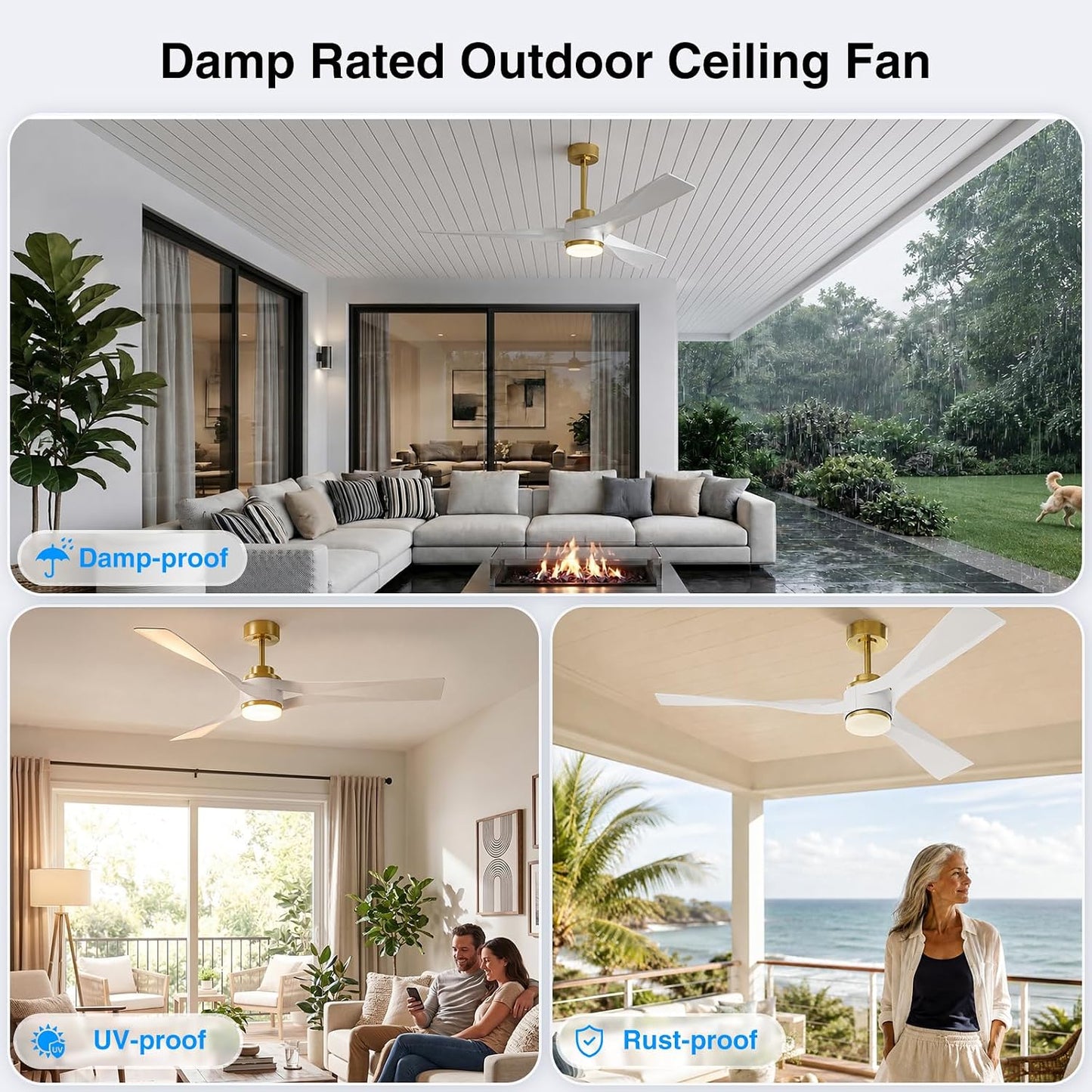 56 inch Modern Smart Ceiling Fan with Light, Gold White Outdoor Ceiling Fans for Patios with Alexa/Google/App and Remote Control, 3 Blade DC High CFM for Indoor Bedroom/Living Room/kitchen Ceiling Fan