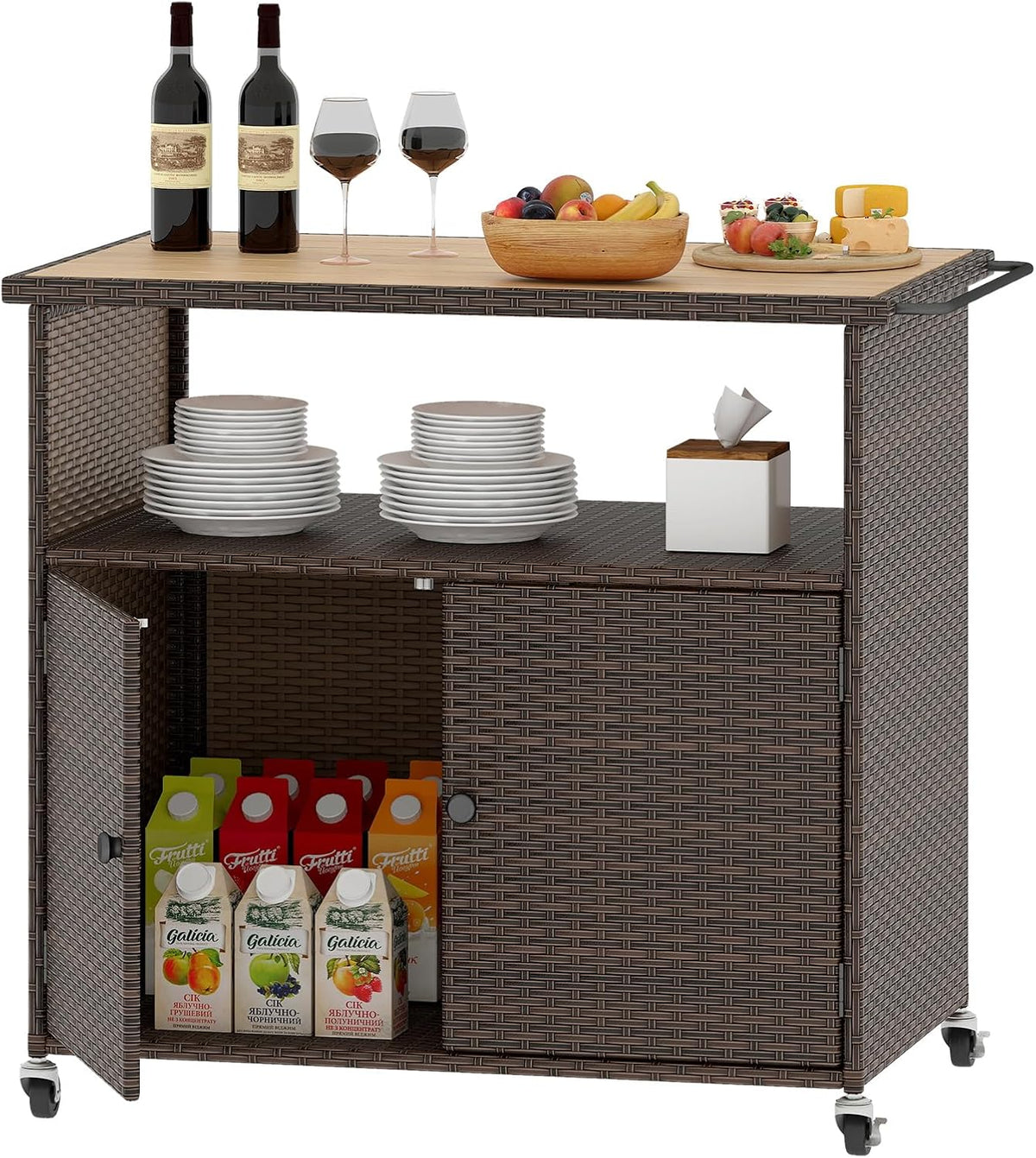 tangkula rattan outdoor storage cabinet with 4 wheels shown in use