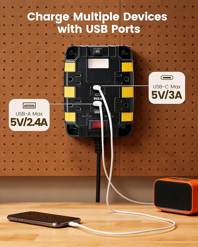 SURAIELEC Magnetic Power Strip, 1080J Surge Protector, 4 Outlets, 2 USB-A & 2 - Image 3