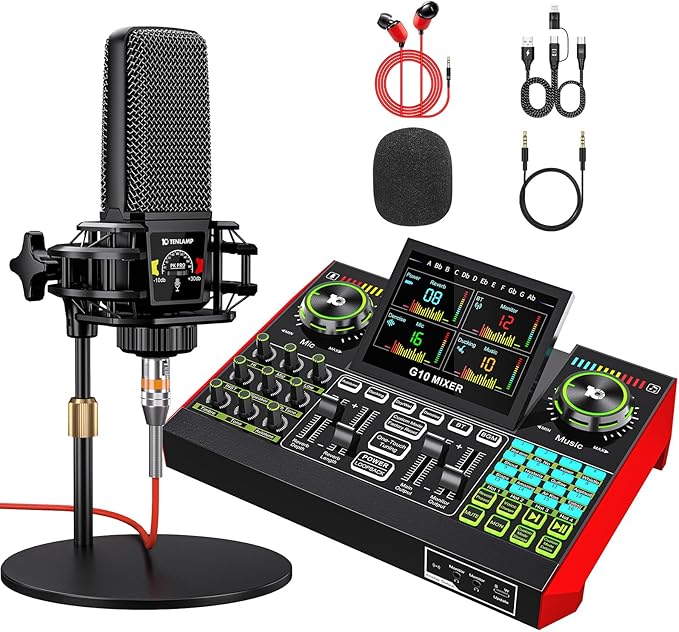 Live Sound Card Audio Mixer, Podcast Equipment Bundle by tenlamp