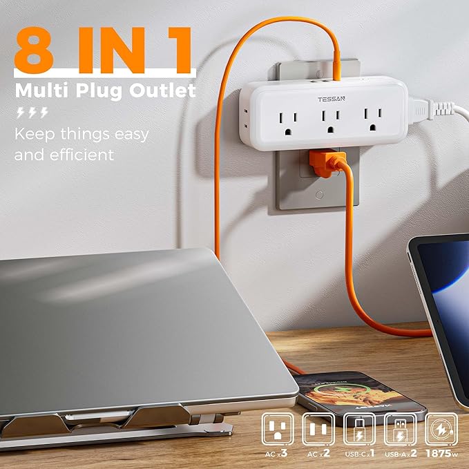 Multi Plug Outlet Splitter, TESSAN Multiple Plug Surge Protector, 5 Outlet - Image 2