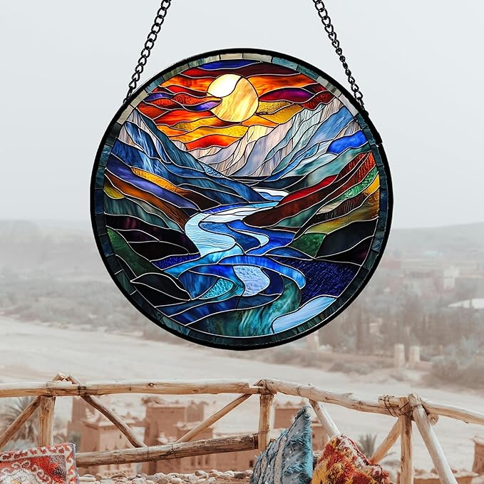 AMDERVEN Stained Glass Window Hanging, Canyon Mountains Sunset View Sun Catcher - Image 4