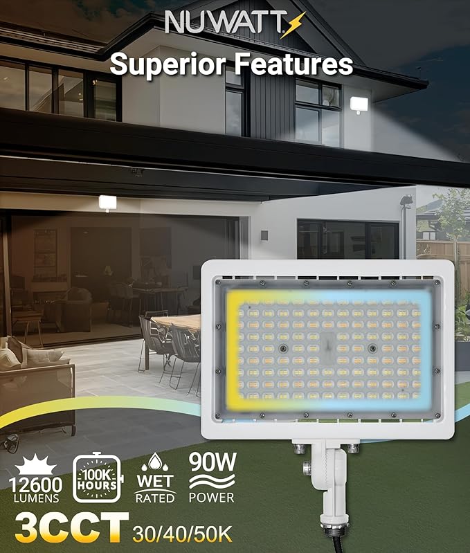 NUWATT 90W LED Flood Light, 3CCT 3000K/4000K/5000K Selectable, IP65 Waterproof - Image 4
