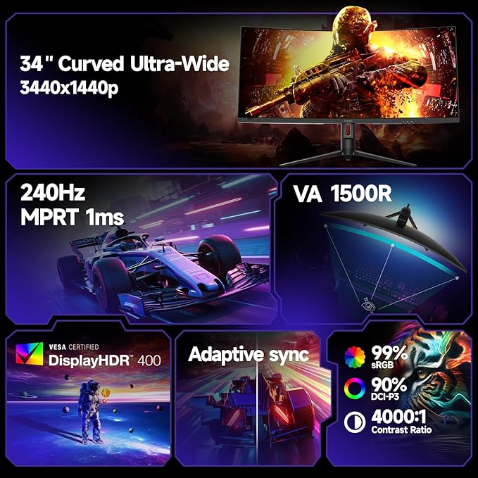 KOORUI 34 Inch 240Hz Ultrawide Curved Gaming Monitor 3440x1440P, 21:9 Display - Image 2