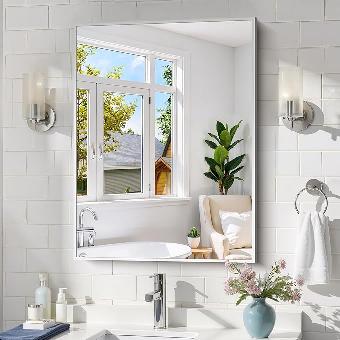 Silver Bathroom Mirror for Wall, 24x32 Inch Rectangle by Welcometocofeny
