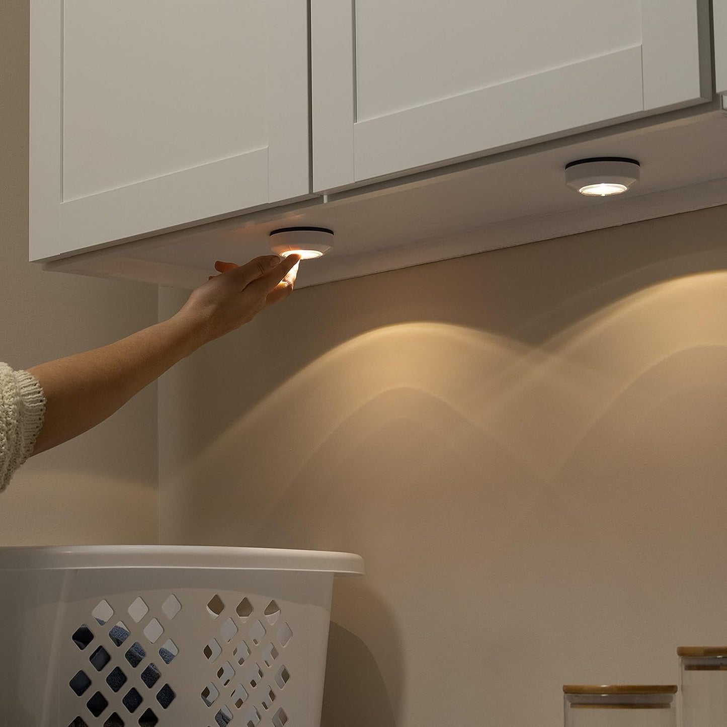 Amazon Basics LED Puck Lights, Battery Operated, 50 Lumens, Under Cabinet Lighting, Easy to Install, Easy to Use, Adhesive Backing, 2-Pack, White