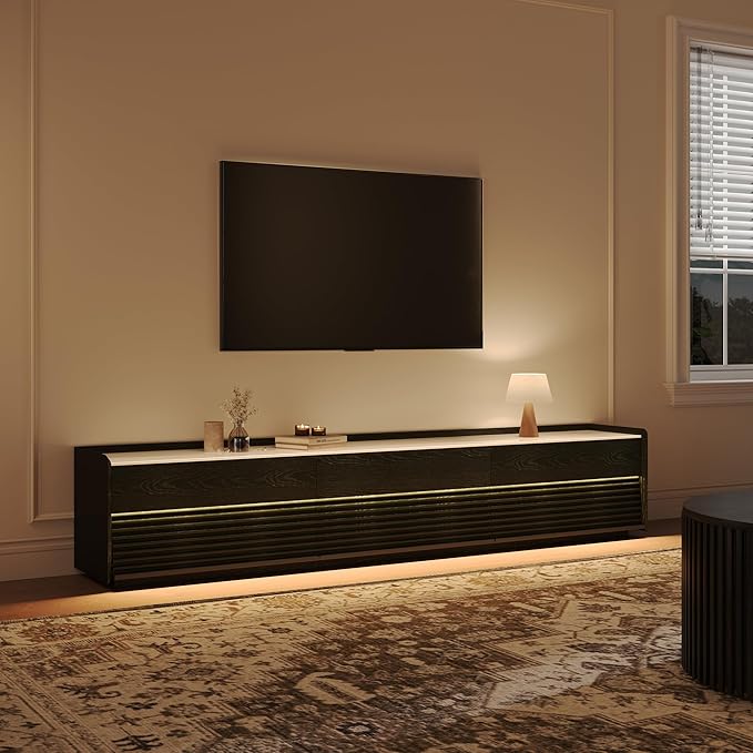 POVISON Fully-Assembled Mid Century Glossy Sintered Stone TV Stand, 94.49" Wood - Image 2