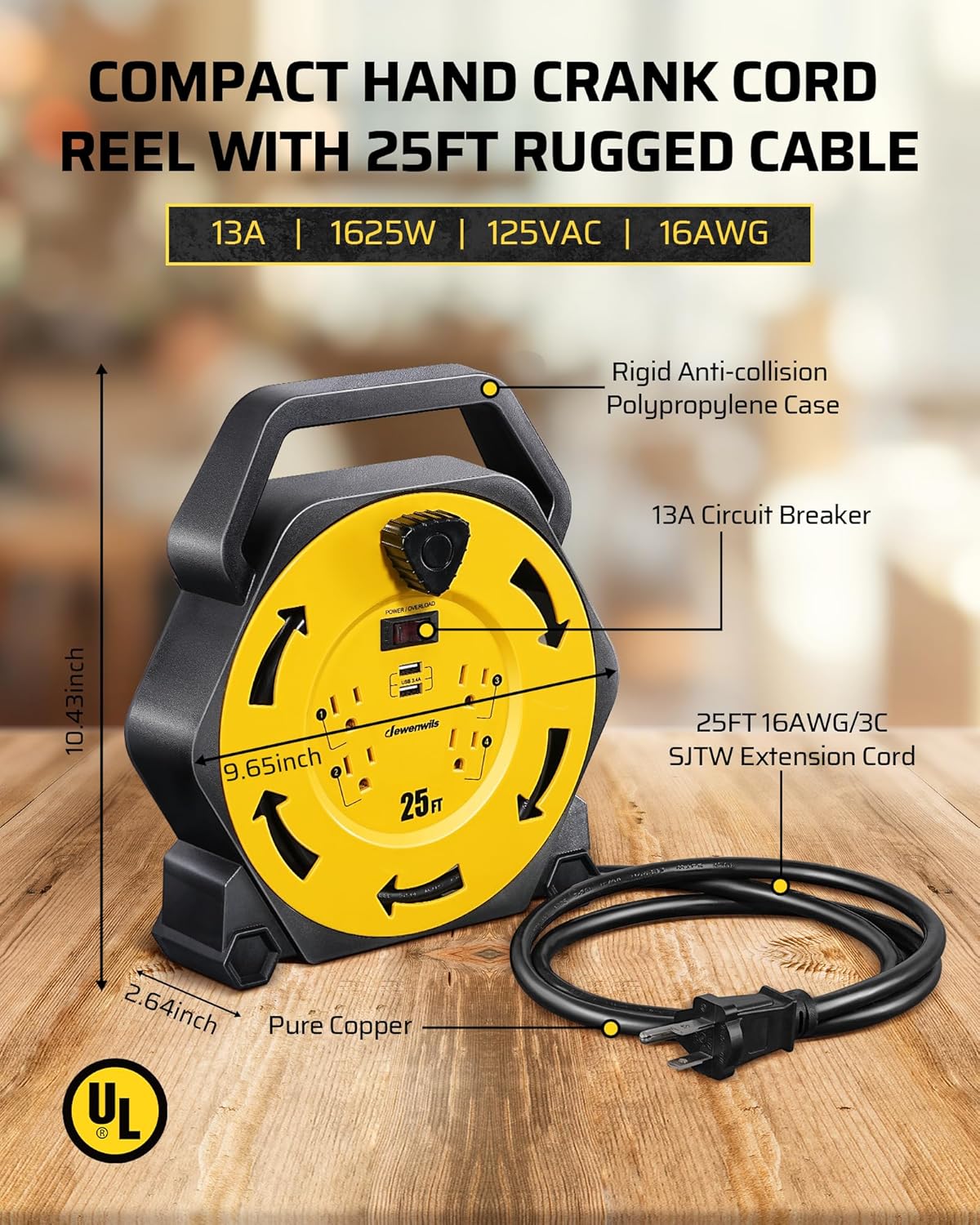 DEWENWILS 25FT Extension Cord Reel, Hand Wind Retractable Cord Reel | 16/3 SJTW, 4 Grounded Outlets, 2-USB Ports (3.4A Fast Charge), 13A Circuit Breaker, for Garage, Workshop, Outdoor, UL Listed