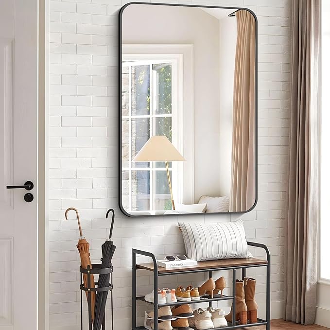 Bathroom Mirror, 55 x 36 inch Black Rectangle Wall Mirror, Metal Frame Rounded - Image 7