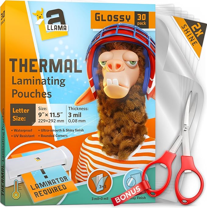 Thermal Laminating Pouches, 9 x 11.5 Inches, 3 Mil Thick, 30 Pack of Glossy by LaLlama