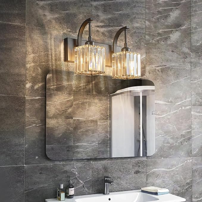 FDPBY Crystal Vanity Lights 2-Light Black Wall Lamp Modern Crystal Bathroom - Image 3