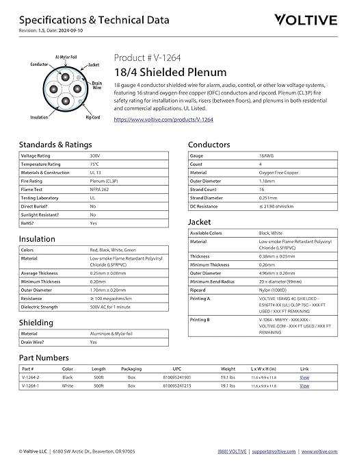 Voltive 18/4 Shielded Low Voltage Wire, Plenum CL3P, 500ft - Image 6