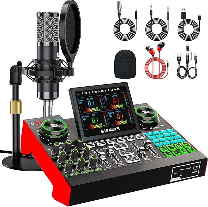 Podcast Microphone Bundle with Live Sound Board Audio Mixer, Podcast Equipment by tenlamp