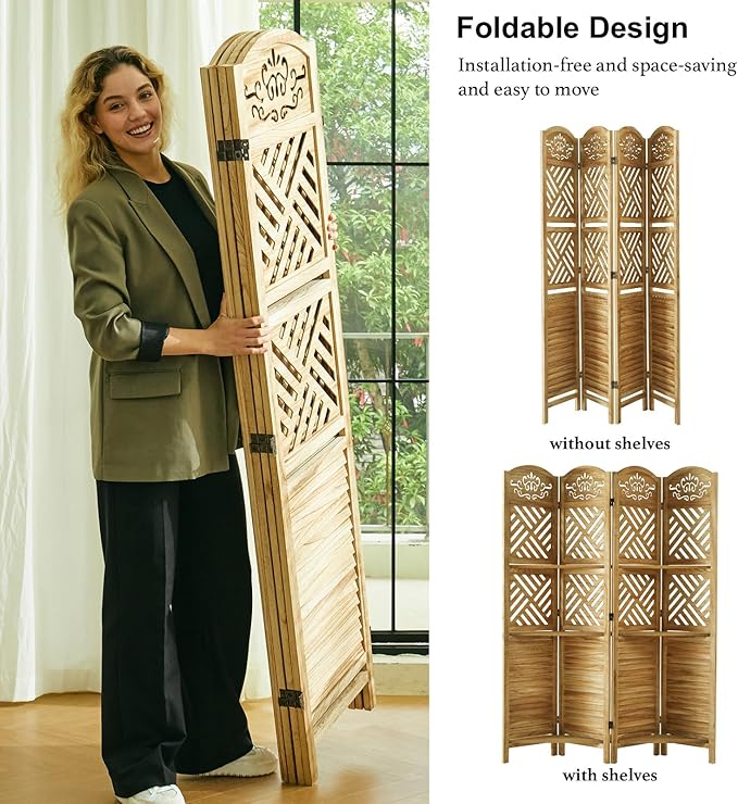 Svimi Room Divider with Shelves, 68.9inch Wood Carved and Louvered Wall Divider - Image 3