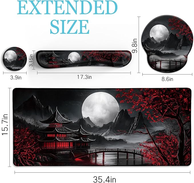LIMKRIAN Japanese Mouse Pad Large Desk Mat Set, XXL Anime Full Moon Ergonomic - Image 6