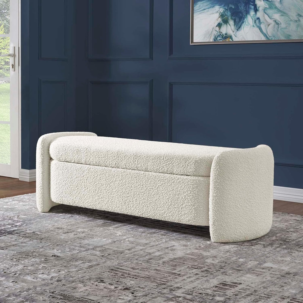 modway nebula boucle upholstered storage bench in ivory shown in use