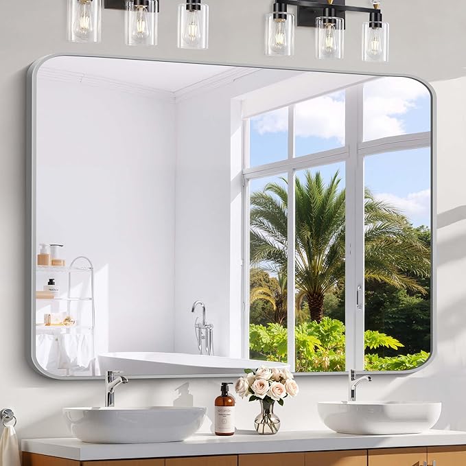 48x40 Inch Silver Bathroom Mirror, Large Rectangle Mirror, Metal Framed by WelcometoCIVENO