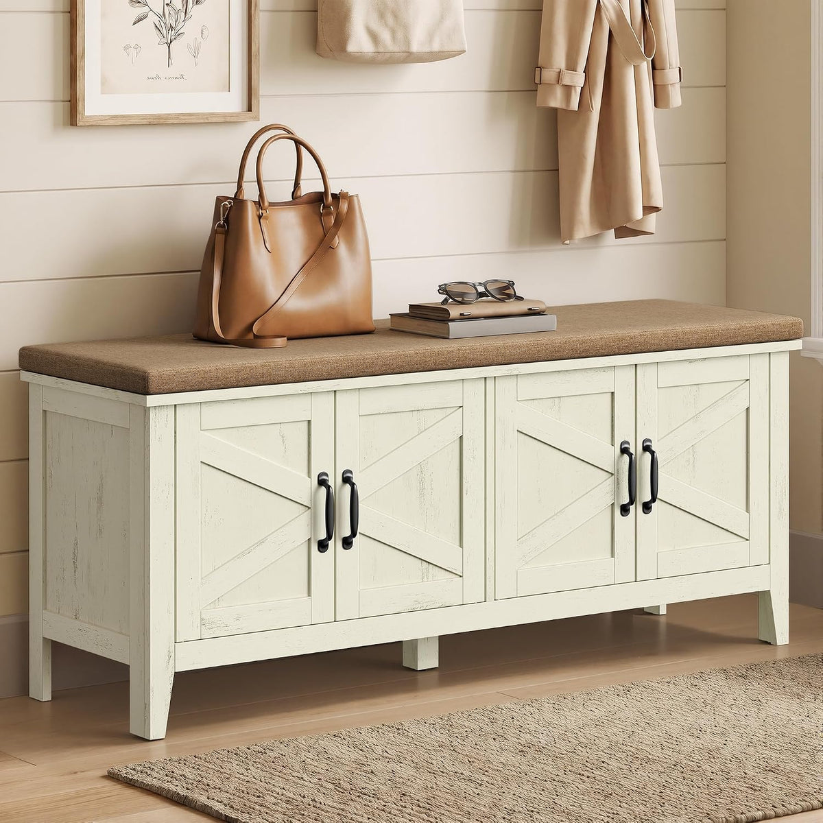 vasagle shoe bench, farmhouse entryway bench with cushion, main product view