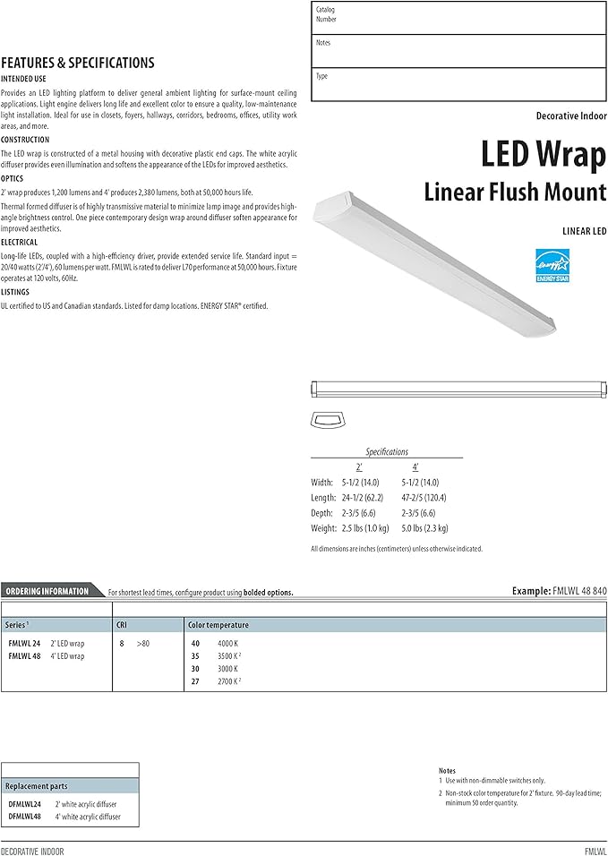 Lithonia Lighting 4 Foot LED Light Fixture, Low-Profile LED Wraparound Flush - Image 3
