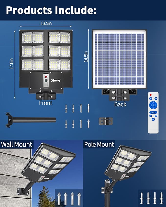 Ofuray Of-800W Solar Street Lights Outdoor, 80000LM Solar Security Flood Lights - Image 7