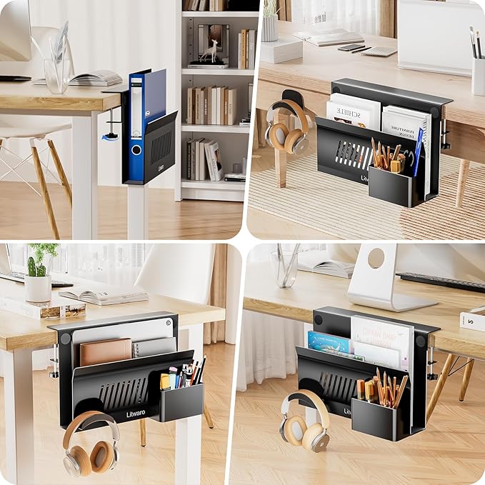 Litwaro Desk Side Storage Organizer, No Drill Laptop Holder Clamp on Desk Shelf - Image 7