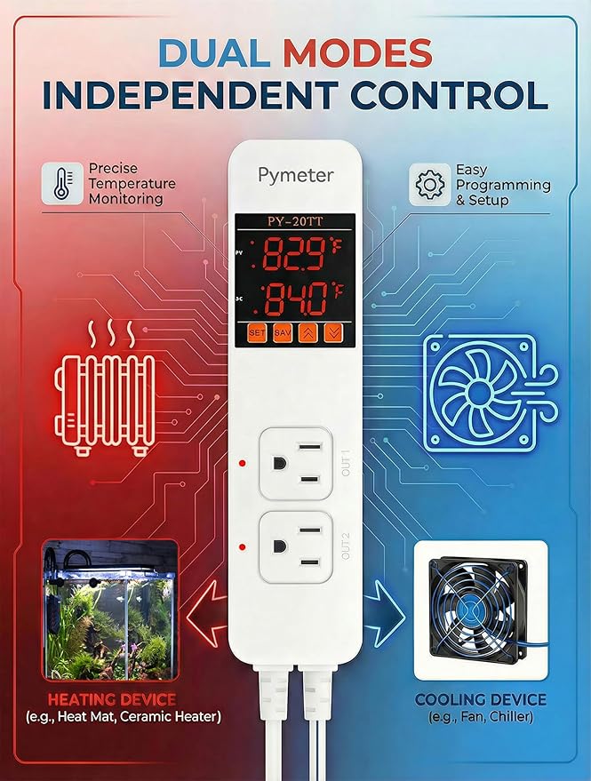 Pymeter 2 in 1 Digital Temperature Controller Dual Outlet Heat Mat Thermostat - Image 3