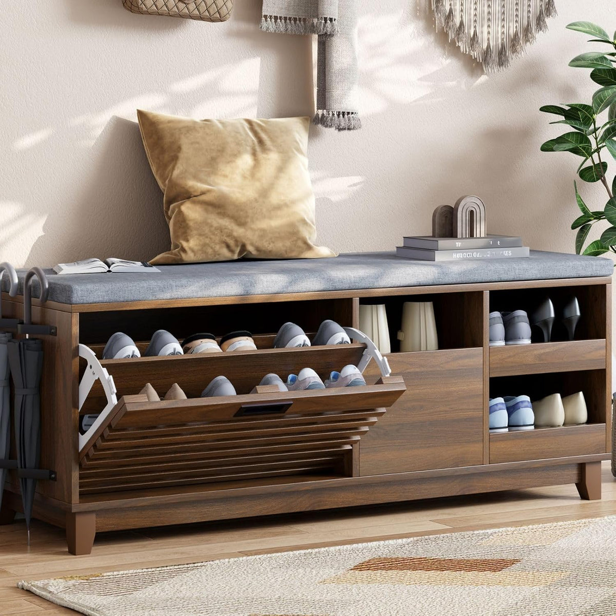 loomie 47.2" shoe storage bench with flip drawer, close-up detail
