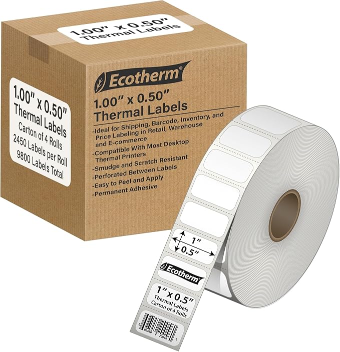 1" x .5" Thermal Labels | 4 Rolls | 9800 Labels | fits Zebra, Offnova Thermal by EcothermProducts