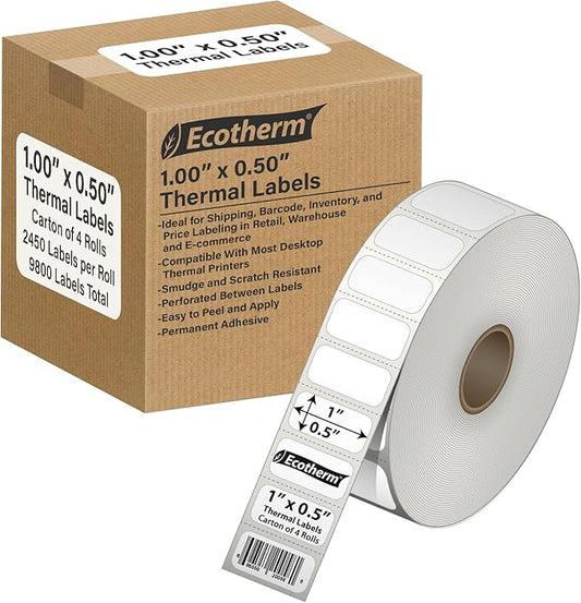 1" x .5" Thermal Labels | 4 Rolls | 9800 Labels | fits Zebra, Offnova Thermal by EcothermProducts
