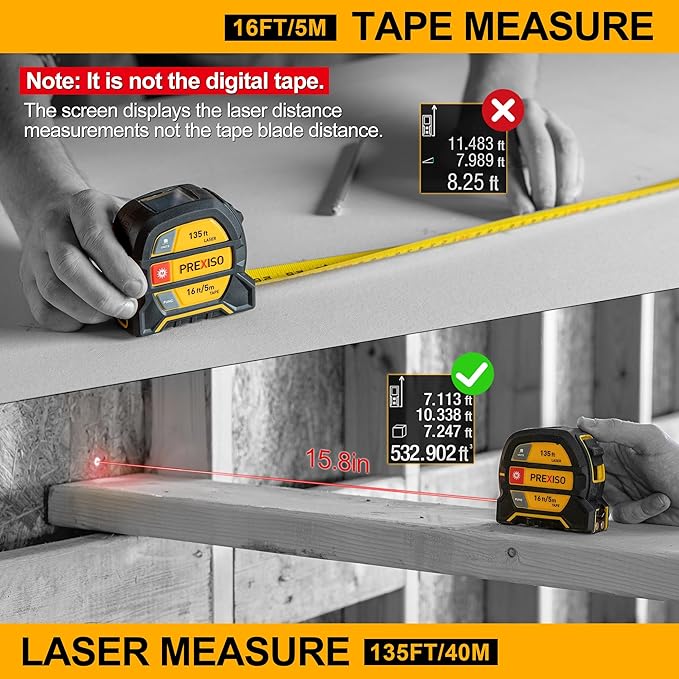 PREXISO 2-in-1 Laser Tape Measure, 135Ft Rechargeable Measurement Tool & 16Ft - Image 2
