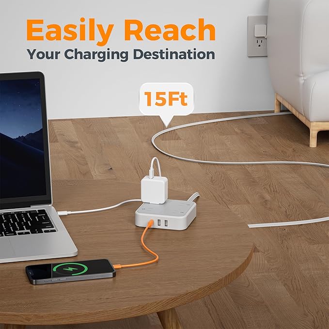 Surge Protector Flat Extension Cord 15Ft, TESSAN Flat Plug Power Strip - Image 5