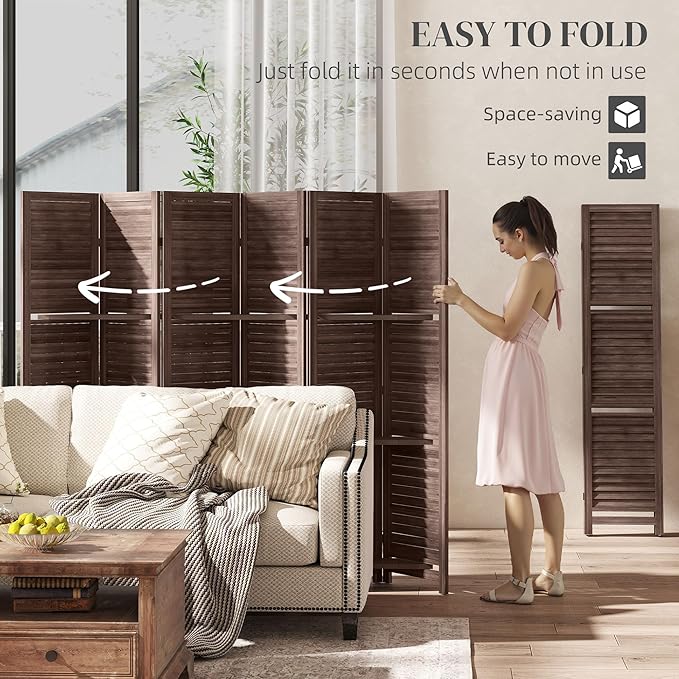 HOMCOM Room Divider, 6 Panel 67" Tall Wood Privacy Screen - Image 4