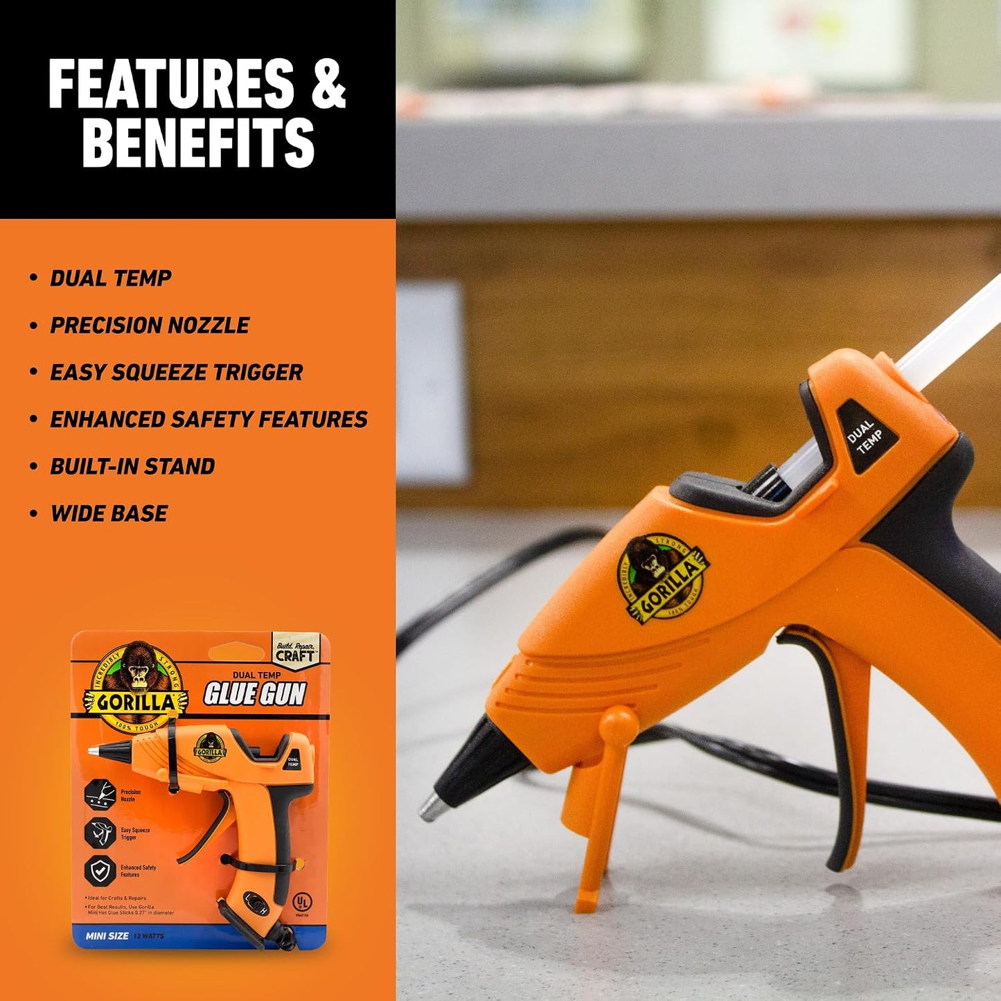 Gorilla Hot Glue Gun, Dual Temp, Mini Size, Easy Squeeze Trigger | Precision Nozzle, Enhanced Safety Features, Built-In Stand, Ideal for DIY, Craft, Repairs, and More