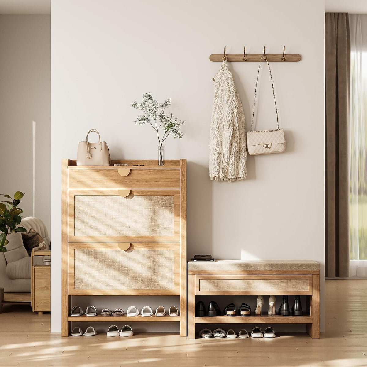 32” shoe bench with storage drawer, farmhouse entryway on a desk or shelf