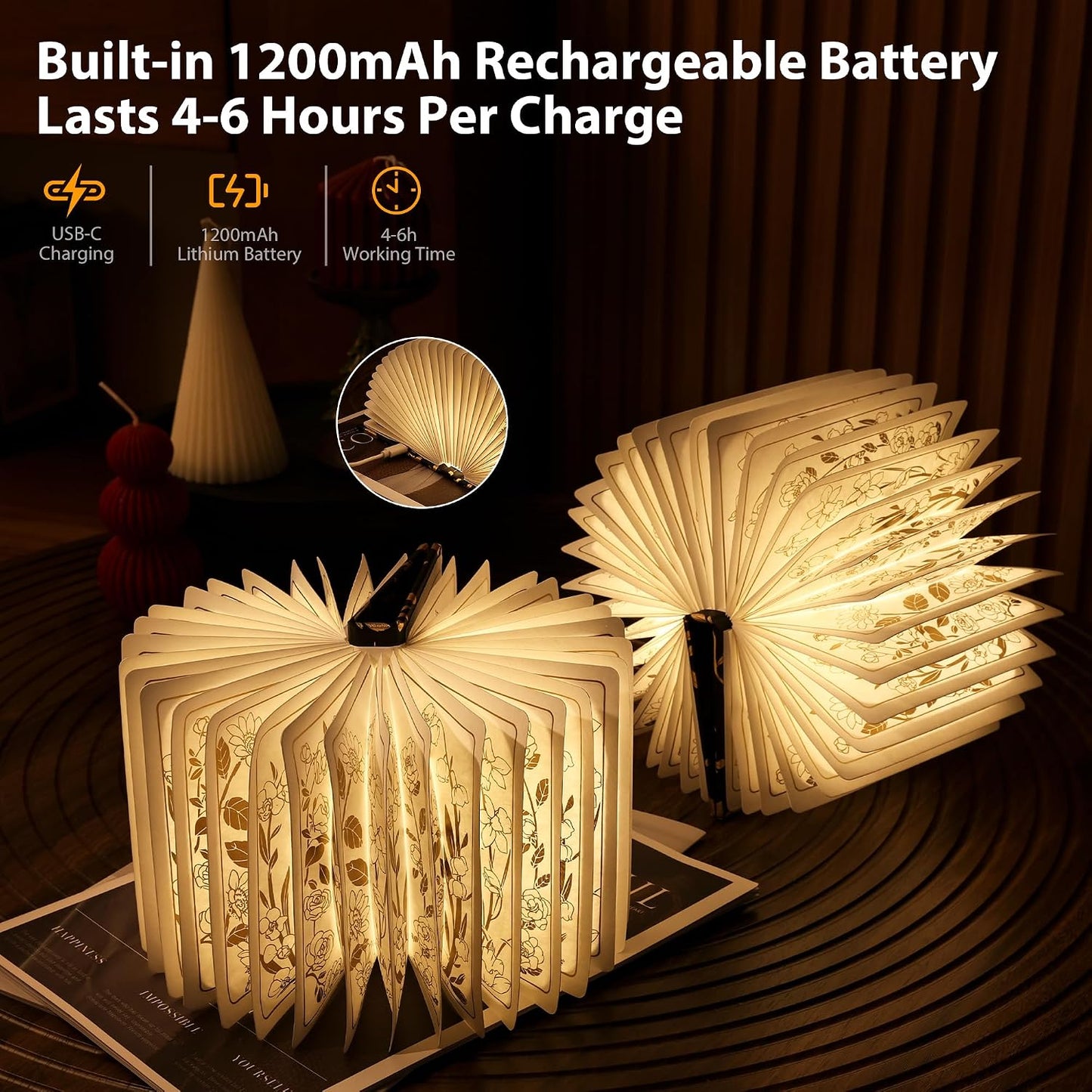 Book Lover Gift, Folding Book Lamp Decor, Portable Print Book Light | 1200mAh Rechargeable Night Light, Paper Desk Lamp, Reading Bookshelf Lamp, Gift for Women & Readers & Christmas (Black）