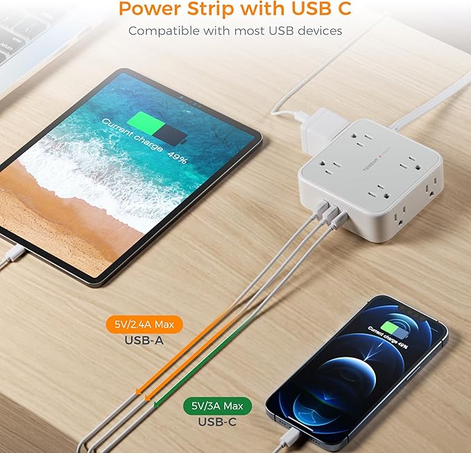 Flat Plug Long Extension Cord 25 Ft, TESSAN Power Strip Surge Protector - Image 3
