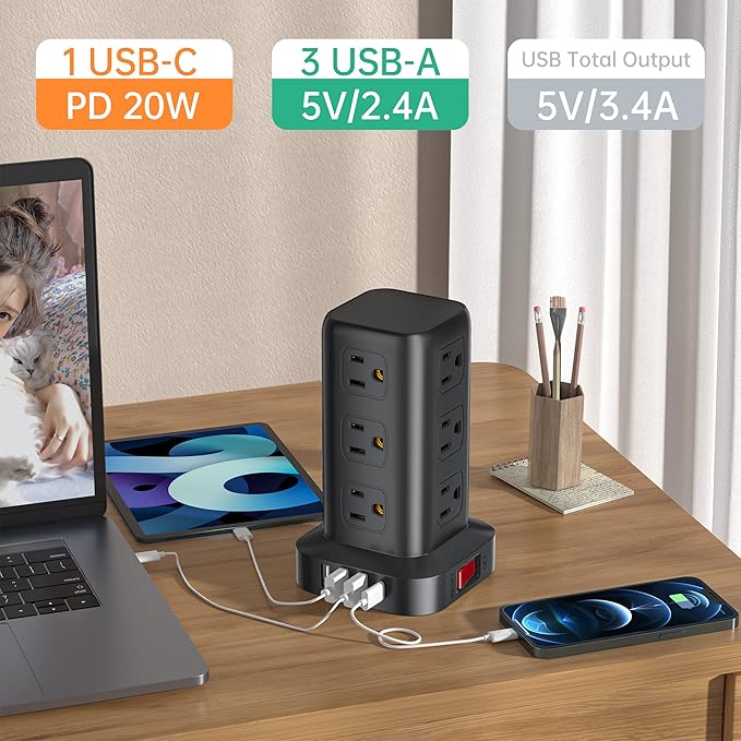 PD 20W USB C Surge Protector, Mini Power Strip Tower Travel 12 AC 4 USB Power - Image 3