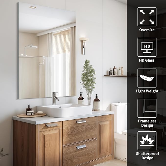 CILIBER Frameless Mirror, 30x48 inch Rectangle Bathroom Mirrors - Image 3