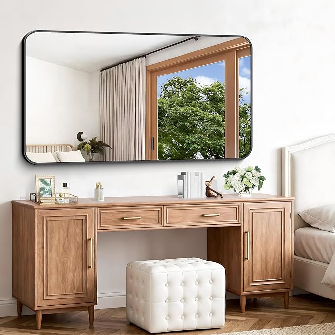 Black Bathroom Mirror, 66x36 inch Aluminum Metal Frame Rectangular Vanity Mirror - Image 2