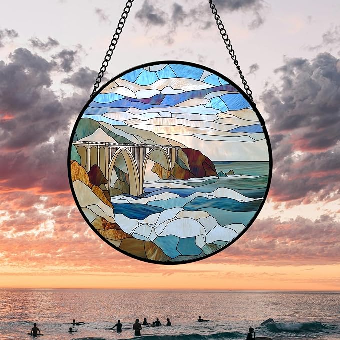 DASTOLL Stained Glass Window Hanging 4 Pcs Set Ocean Waves 6.3" - Image 3
