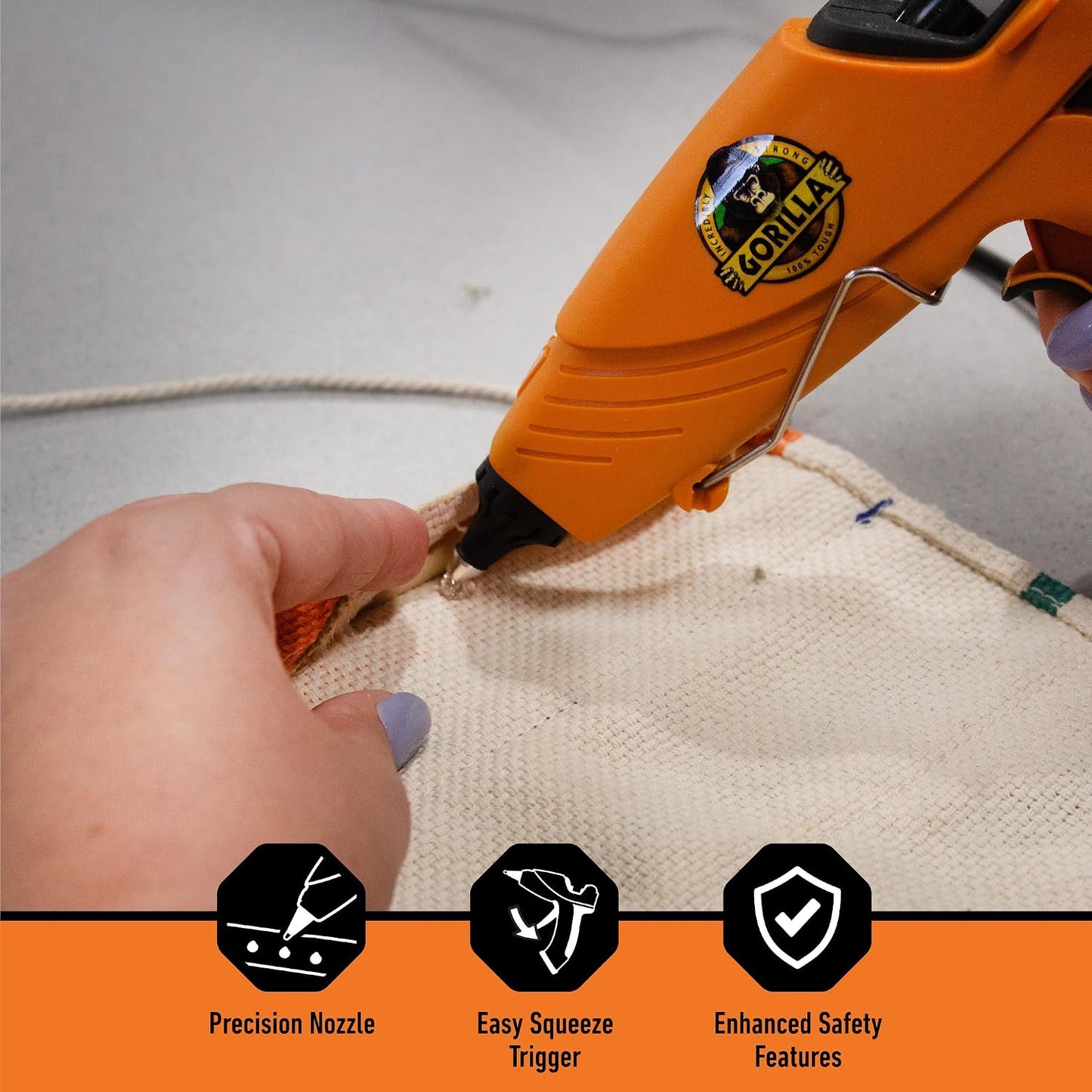 Gorilla Dual Temp Full Size Hot Glue Gun, Precision Nozzle | Easy Squeeze Trigger for Comfort, Enhanced Safety Features, Great for DIY, Craft, Repairs, and More