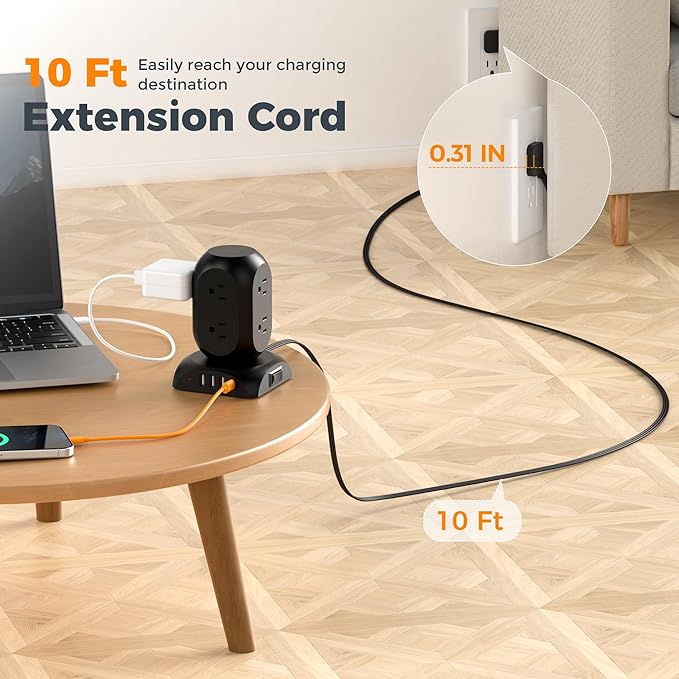 Black Surge Protector Power Strip Tower, TESSAN Flat Plug Extension Cord 10Ft - Image 2